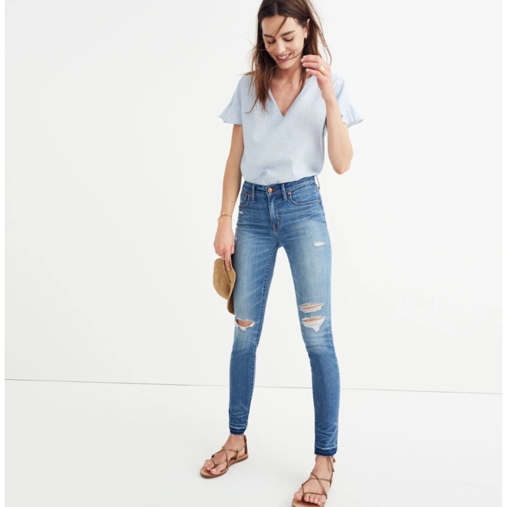 Madewell‎ 9" High Rise Skinny Jeans Drop Hem Stretch Denim Dark Wash Distress 26